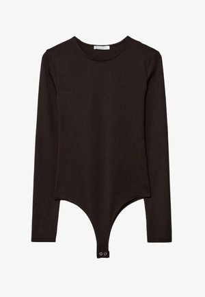 Rjavo bodi z dolgimi rokavi, izdelano iz mehke tkanine, z okroglim izrezom in zapiranjem na gumbe na dnu za varno prileganje.