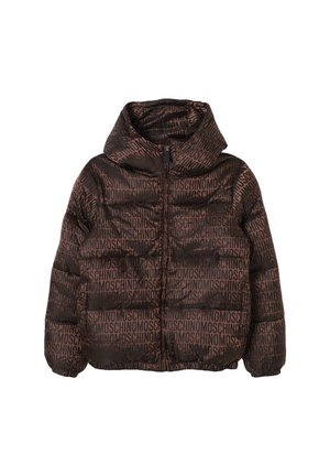 Brown puffer jacket with hood, front zipper, elastic cuffs, and repeated black "MOSCHINO" logo pattern all over.