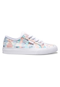 Canvas sneakers with a pastel floral pattern in blue and pink, white rubber sole, round toe, and white laces.