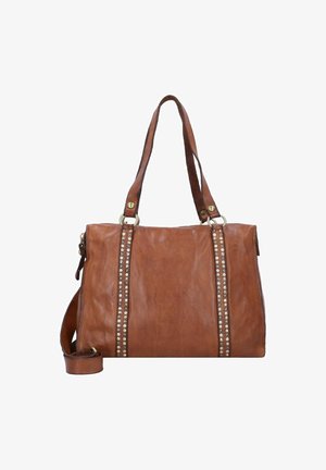 Borsa in pelle marrone con due manici superiori, tracolla regolabile e borchie decorative lungo il lato. Texture liscia, design strutturato.