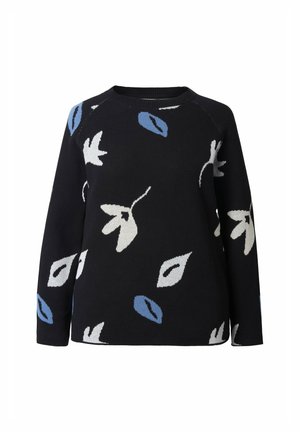 Maglione lavorato a maglia con sfondo blu navy e motivi astratti a foglia in bianco e blu. Collo a giro, maniche lunghe e polsini a coste.