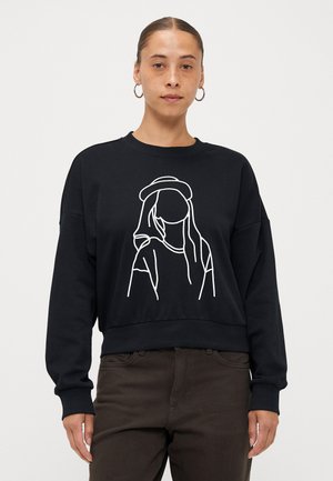 Black sweatshirt with a cropped design, featuring a white line drawing of a figure. Soft fabric with long sleeves and ribbed cuffs.