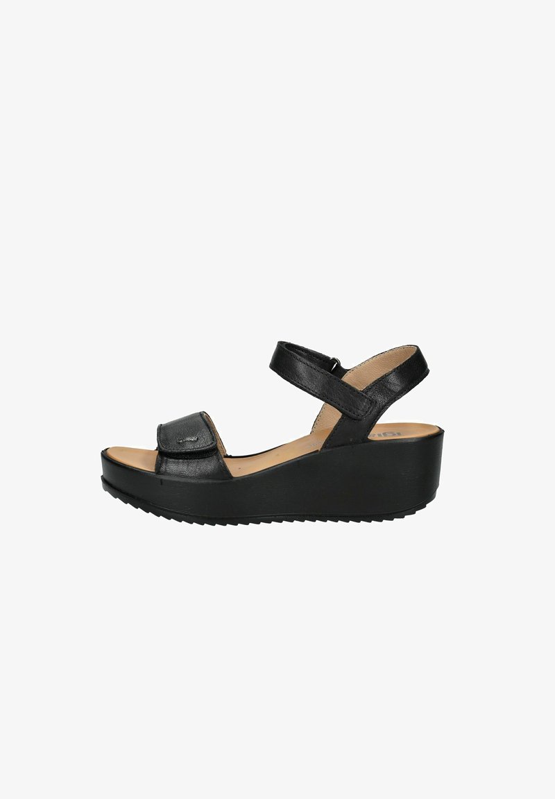 Sandali wedge neri con tomaia in pelle texturizzata, cinturini regolabili e soletta imbottita. Presentano una suola in gomma per una migliore aderenza.