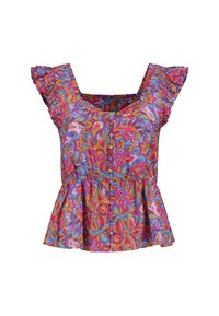 Ziedu pepluma tops multicolor rakstos ar volāniem, kvadrātveida kakla izgriezumu un pogu rotājumiem pa priekšu. Viegls audums.