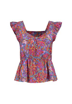 Ziedu pepluma tops multicolor rakstos ar volāniem, kvadrātveida kakla izgriezumu un pogu rotājumiem pa priekšu. Viegls audums.