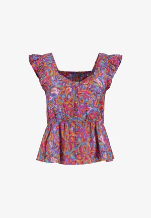 Ziedu pepluma tops multicolor rakstos ar volāniem, kvadrātveida kakla izgriezumu un pogu rotājumiem pa priekšu. Viegls audums.