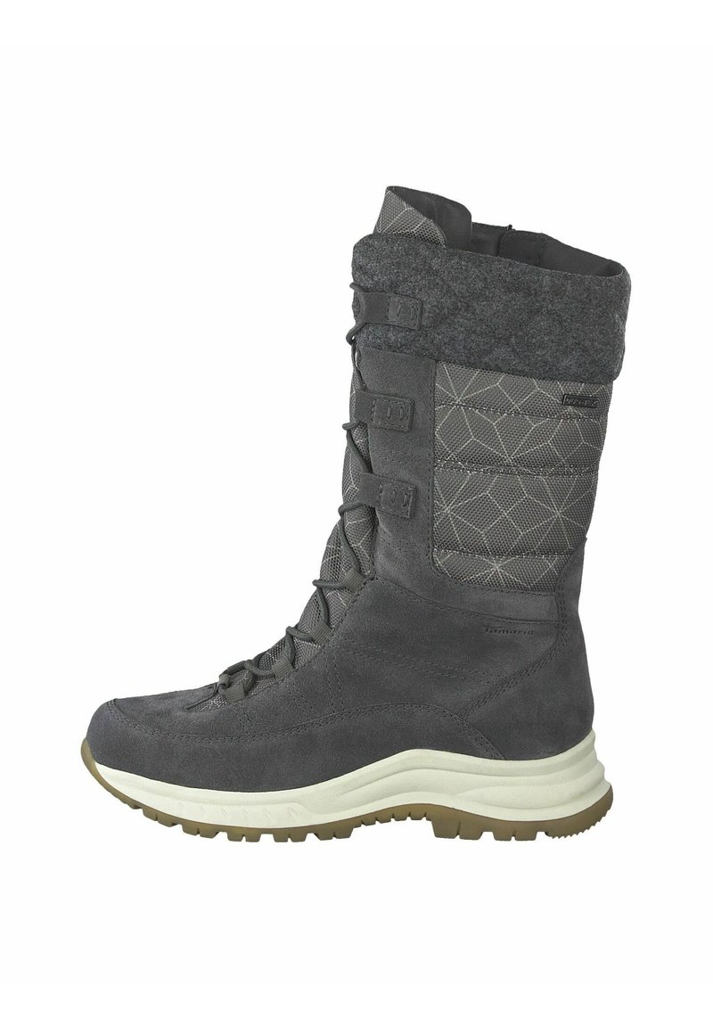 Botín de invierno gris con material de ante, textura acolchada en la parte superior, diseño con cordones, dos correas grises y una suela de goma blanca.