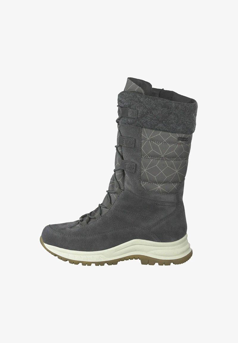 Gray winter boot with suede material, quilted texture on upper, lace-up design, two gray straps, and a white rubber sole.