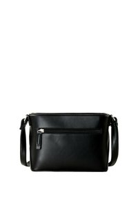 Borsa a spalla in pelle nera con una texture liscia, forma rettangolare, tasca frontale con zip e tracolla regolabile per la comodità.