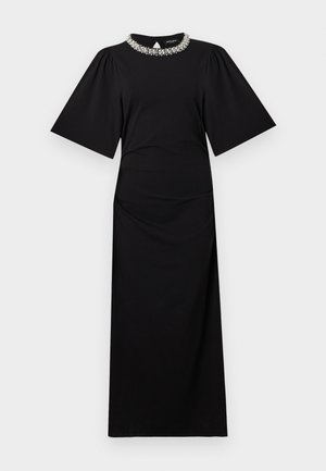 Μαύρο midi φόρεμα με φαρδιές κοντές μανίκες και στρογγυλή λαιμόκοψη διακοσμημένη με πέρλες και χάντρες.