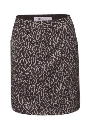Jupe à imprimé léopard en nuances de brun et de gris. Comprend des boutons à l'avant et des poches latérales. Fabriquée dans un tissu texturé.
