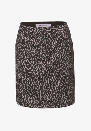 Spódnica w panterkę w odcieniach brązu i szarości. Z przodu guziki i boczne kieszenie. Wykonana z teksturowanej tkaniny.
