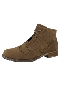 Stivaletti in suede marrone fino alla caviglia con dettaglio perforato, punta rotonda, allacciatura frontale e tacco in legno impilato. Presenta accenti di cuciture a contrasto.