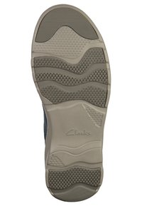 Suola di una scarpa con un design in gomma testurizzata, con motivi rialzati, colore grigio e bordi ondulati. Nome del marchio "Clarks" impresso.