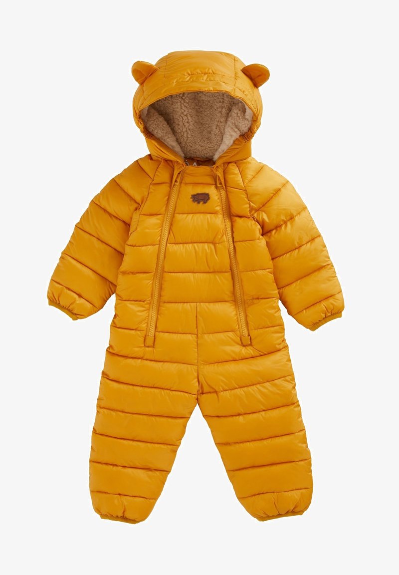 Yellow puffer snowsuit with bear-ear hood, textured quilted design, drawstring closure, and soft interior lining. Features a small animal logo.