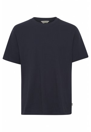 Navyblå bomulds T-shirt med rund halsudskæring og korte ærmer. Har en lige, afslappet pasform og minimal branding på kanten.