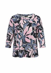 Haut à motif floral en bleu marine, avec des fleurs roses et bleues. Fabriqué en tissu texturé avec un col rond et des manches trois-quarts.