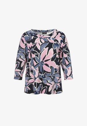 Bloemmotief top in marineblauw, met roze en blauwe bloemen. Gemaakt van gestructureerde stof met een ronde halslijn en driekwart mouwen.