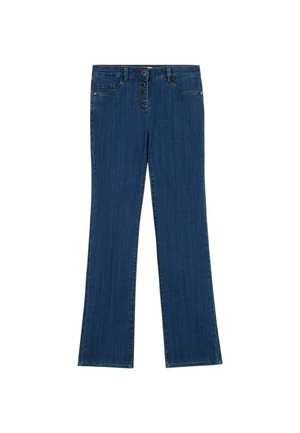 Blugi cu un design drept, de culoare albastru închis, cu un sistem de închidere cu cinci butoane și detalii brodate subtile pe buzunare și cusături.