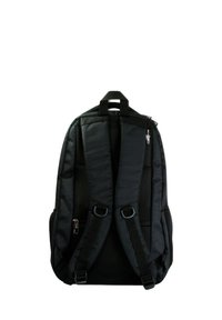 Black fabric backpack with padded shoulder straps, mesh detailing, and two zippered compartments; simple design, lightweight and durable.