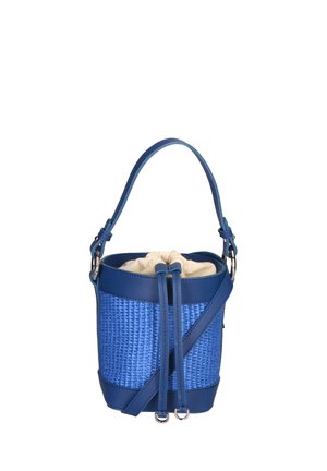 Blauwe geweven tas met een ronde vorm, leren accenten, een verstelbare schouderband en een trekkoordsluiting met een crèmekleurige binnenvoering.