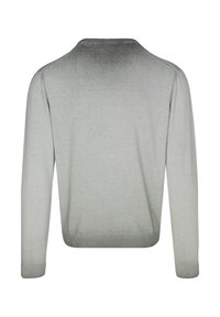 Hellgrauer Sweater mit langen Ärmeln, rundem Halsausschnitt und geripptem Saum sowie Bündchen. Glatte Textur, schlichtes Design, keine sichtbaren Muster oder Hardware.
