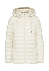 Veste matelassée en blanc cassé avec capuche, dotée d'une fermeture éclair à l'avant, de cordons de serrage et d'une texture matelassée horizontale sur l'ensemble.