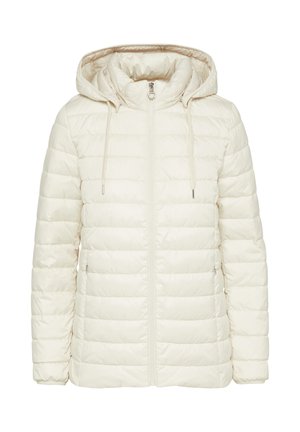 Jakna od puf materijala u boji off-white s kapuljačom, koja ima prednji zip, vezice s pravilnom duljinom i horizontalnu kvadratnu teksturu po cijeloj površini.