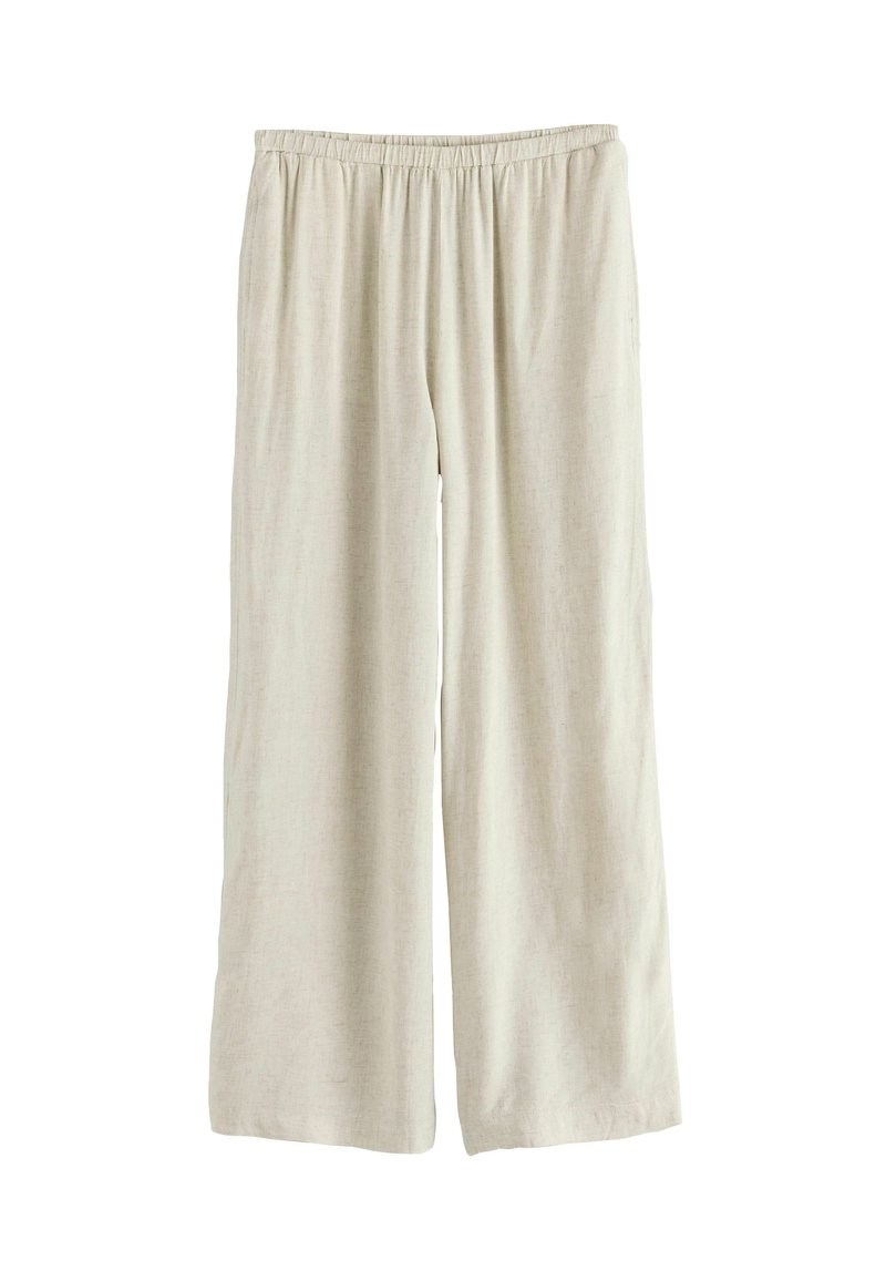 Lys beige brede bukser lavet af blød linen, med elastisk talje og en afslappet pasform. Ingen mønstre eller dekorationer.