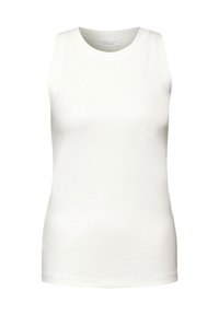 Witte mouwloze top van gladde stof, met een ronde halslijn en een getailleerd silhouet, zonder zichtbare patronen of versieringen.