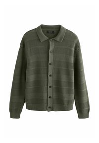 Cardigan con bottoni in verde oliva. Presenta un lavoro a maglia testurizzato con strisce orizzontali, colletto e polsini e orlo a costine.