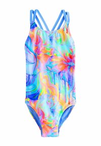 En baddräkt av ett stycke tillverkad av stretchigt material. Den har ett flerfärgat akvarellmönster med blommiga inslag och blåa remmar.