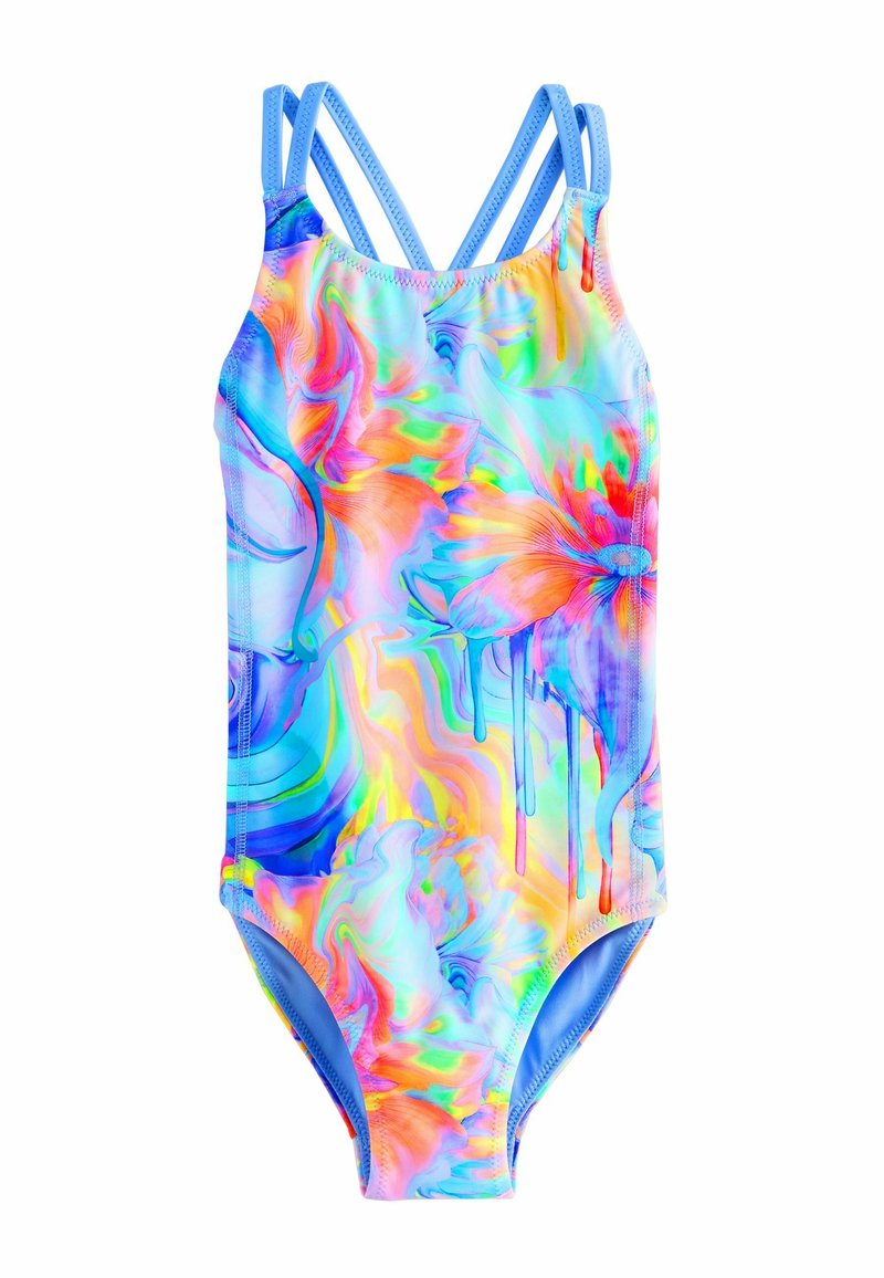 En baddräkt av ett stycke tillverkad av stretchigt material. Den har ett flerfärgat akvarellmönster med blommiga inslag och blåa remmar.