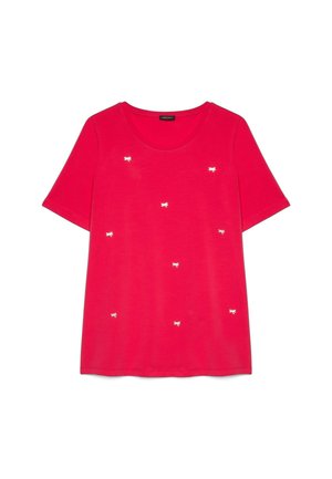 Jasnoczerwona koszula z krótkim rękawem, okrągłym dekoltem i małymi białymi, haftowanymi motywami kokardek rozrzuconymi z przodu.