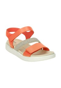 Orange sandal featuring two wide straps made of smooth synthetic material and a textured fabric center strap on a white platform sole.