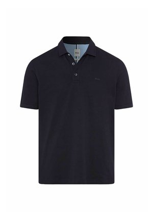 Navy polo shirt made of cotton, featuring a three-button placket, short sleeves, and a subtle logo on the chest. Smooth texture, standard fit.