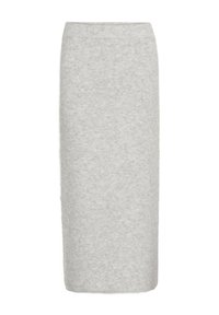 Jupe midi en tricot gris avec une silhouette droite, une taille élastique et une texture douce. Aucun ornement ni motif visible.