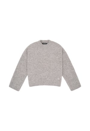 Light grey fuzzy knit sweater with long sleeves, crew neck, and small white "WB" logo near the bottom hem on the front right side.