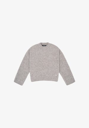 Light grey fuzzy knit sweater with long sleeves, crew neck, and small white "WB" logo near the bottom hem on the front right side.