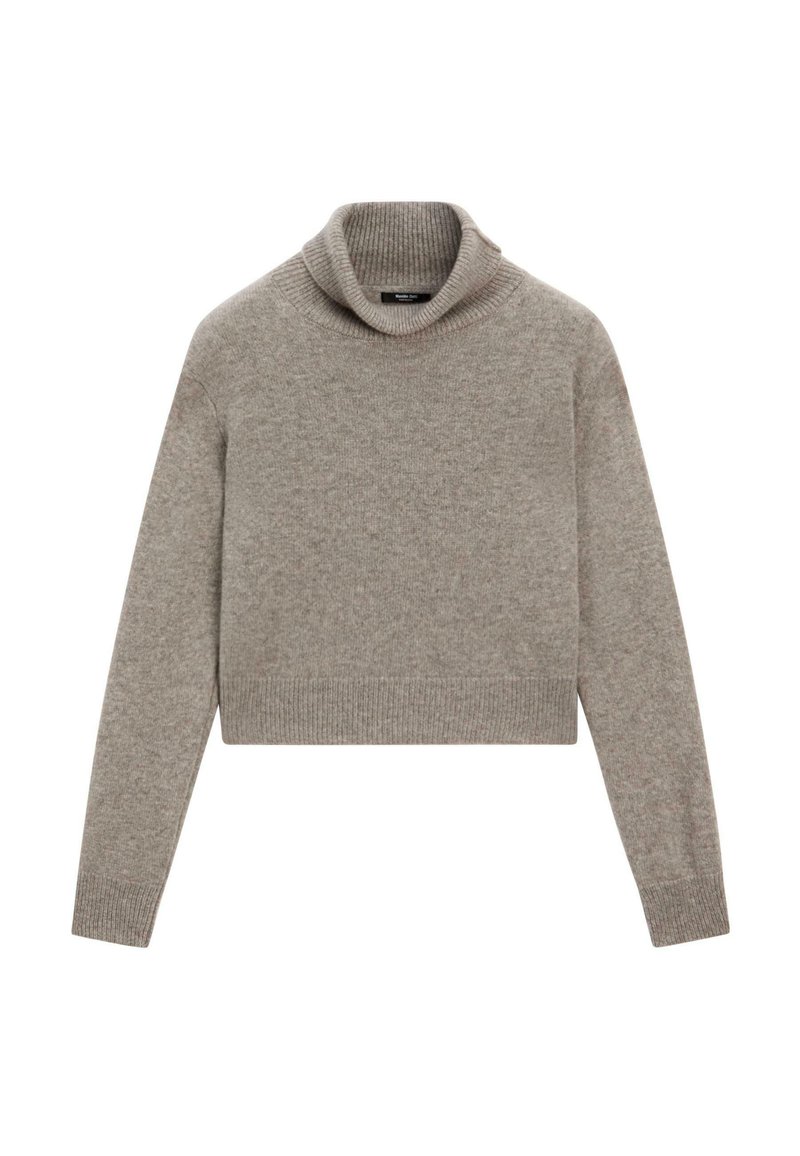 Maglione grigio a collo alto cropped con maniche lunghe e polsini, orlo e colletto a coste, esposto su uno sfondo bianco.