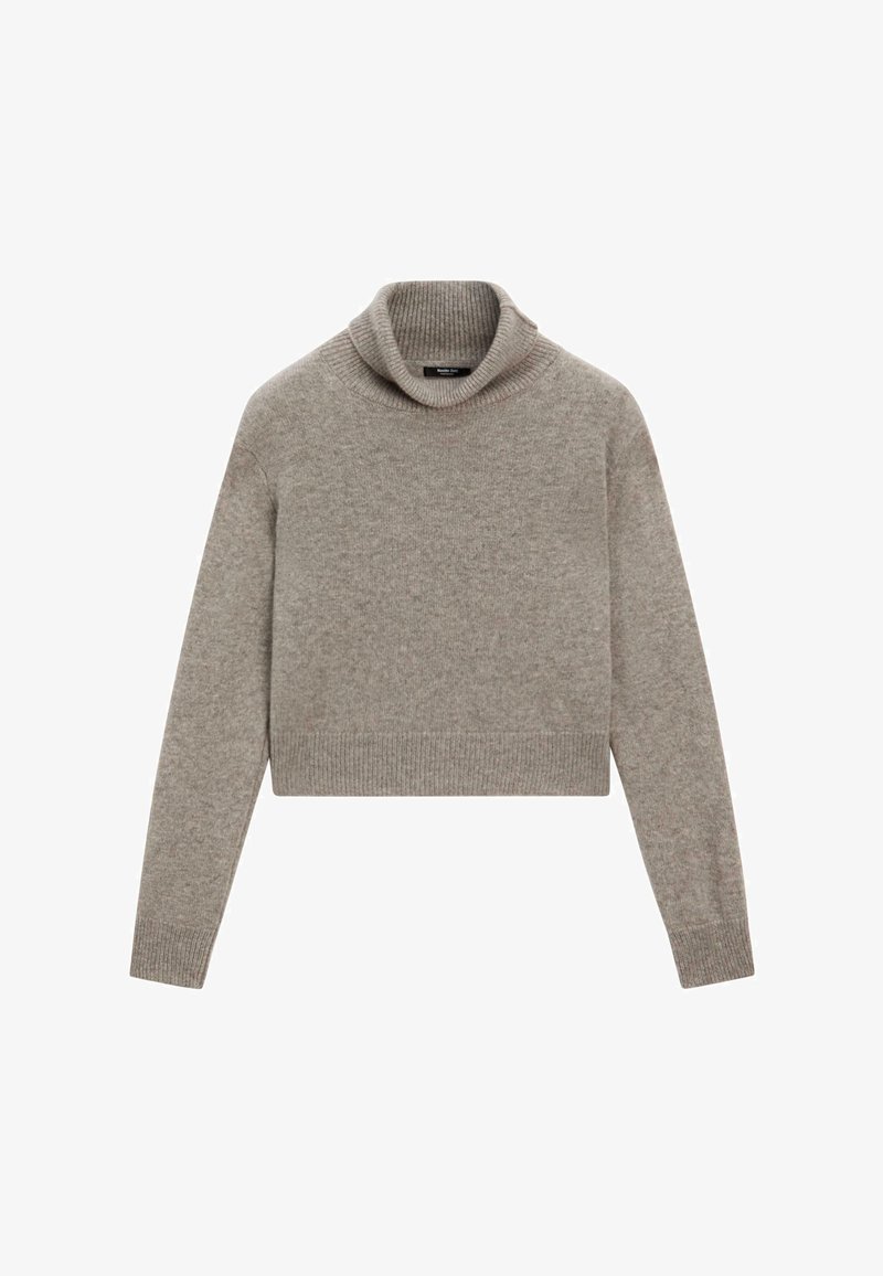 Maglione grigio a collo alto cropped con maniche lunghe e polsini, orlo e colletto a coste, esposto su uno sfondo bianco.