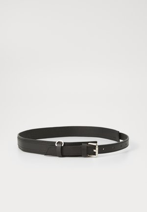 Black leather belt with a smooth finish, featuring a silver metal buckle and a single metal loop, designed with slots for adjustment.