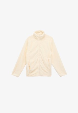 Chaqueta de forro polar color crema con cuello alto, cremallera de longitud completa y bolsillos laterales. Tela suave y texturizada con un diseño de ajuste relajado.