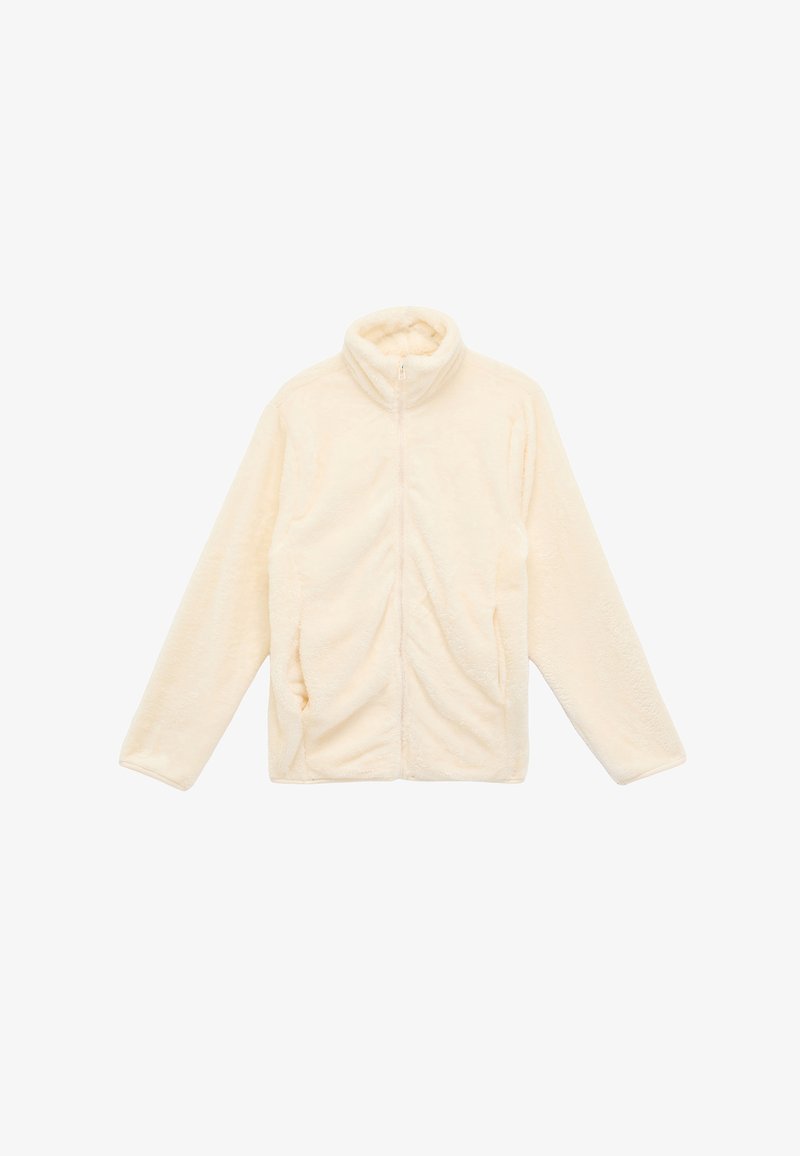 Fleece-Jacke in Cremefarbe mit hohem Kragen, durchgehendem Reißverschluss und Seitentaschen. Weicher, strukturierter Stoff mit lockerem Schnitt.