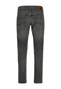 Jeans de mezclilla gris oscuro con corte recto, cinco bolsillos y un parche de cuero en la cintura. Presenta detalles de costura clásicos.