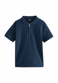 Marineblaue Poloshirt mit strukturiertem Fischgrätmuster, Reißverschlusskragen und kurzen Ärmeln. Aus leichtem Stoff mit schmaler Passform.