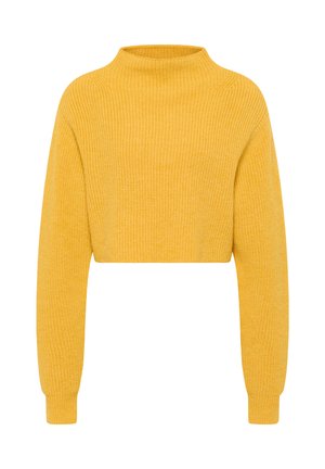 Żółty krótki sweter o prążkowanej fakturze, z wysokim dekoltem i długimi rękawami. Prosty fason bez wzorów czy zauważalnych akcentów.