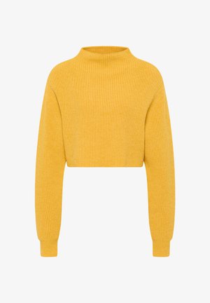 Geel geknipt trui met een ribbeltextuur, hoge hals en lange mouwen. Eenvoudig ontwerp zonder patronen of opvallende accenten.