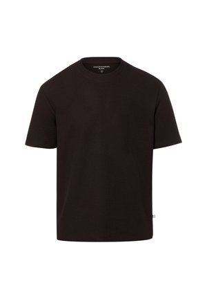 Schwarzes T-Shirt mit kurzen Ärmeln und Rundhalsausschnitt aus Rippstoff, Größe M, mit kleinem Seitenschild, auf schneeweißem Hintergrund.