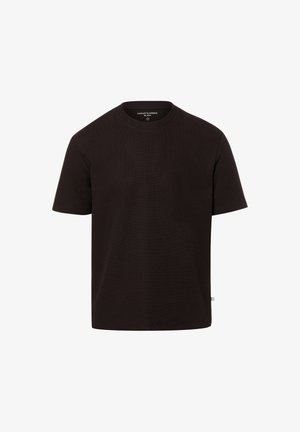 Zwart T-shirt met korte mouwen en ronde hals, met een geribbelde textuur, middelgroot, en een klein zijlabel, op een effen witte achtergrond.